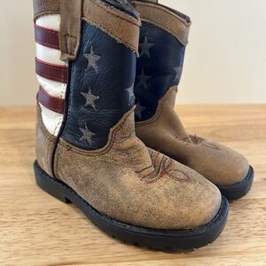 Cody James Toddler Leather Western Boots USA American Flag, Size 7D Brown Red